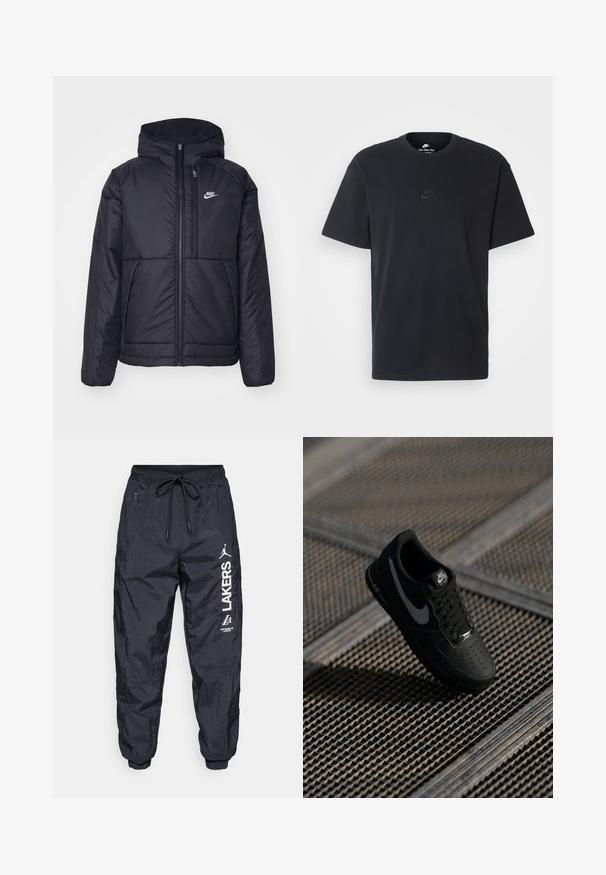 Jachetă Nike neagră, căptușită, cu fermoar pe față și glugă. Prezintă un logo alb pe pieptul stâng și două buzunare frontale. Textură exterioară netedă.; Tricou din bumbac negru Nike, cu guler rotund clasic, mâneci scurte și un logo subtil embosat pe piept. Textură netedă.; Pantaloni de jogging ușori de culoare bleumarin, cu un tiv elastic și șnur, buzunare laterale și logo-uri tipărite albe pe piciorul stâng.; Adidași negri Nike Air Force 1 cu un exterior din piele netedă, vârf perforat, accente gri și șireturi negre, plutind deasupra unei suprafețe texturate.