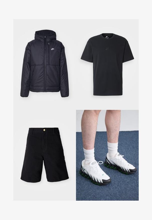 Črna, podložena Nike jakna z sprednjim zadrgo in kapuco. Ima bel logo na levem prsnem delu in dvojna sprednja žepa. Gladka zunanja tekstura.; Nike črna bombažna majica z klasičnim okroglim izrezom, kratkimi rokavi in subtilnim, vtisnjenim logotipom na prsih. Gladka tekstura.; Črne denim kratke hlače z gumbom za zapiranje, ravnega kroja, bočnimi žepi in ojačanim šivom za večjo vzdržljivost.; Bele športne čevlje z črnimi poudarki in zelenim oblazinjenjem. Imajo strukturirano zgornji del, zavezovanje na vezalke in vidno blagovno znamko.