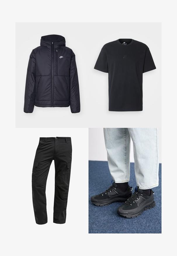 Čierna, polstrovaná bunda Nike so zipsom vpredu a kapucňou. Na ľavej strane hrude sa nachádza biele logo a sú tu dva predné vrecká. Hladký vonkajší povrch.; Čierne bavlnené tričko Nike s klasickým okrúhlym výstrihom, krátkymi rukávmi a jemne embosovaným logom na hrudi. Hladká textúra.; Čierne cargo nohavice s rovnými nohavicami, vyrobené z odolnej tkaniny, s viacerými bočnými vreckami a zapínaním na gombík v páse.; Čierne športové topánky s textúrovanou tkaninou a gumovou podrážkou, so elastickými šnúrkami a modrým akcentom na päte. Nosia sa s svetlými riflami.