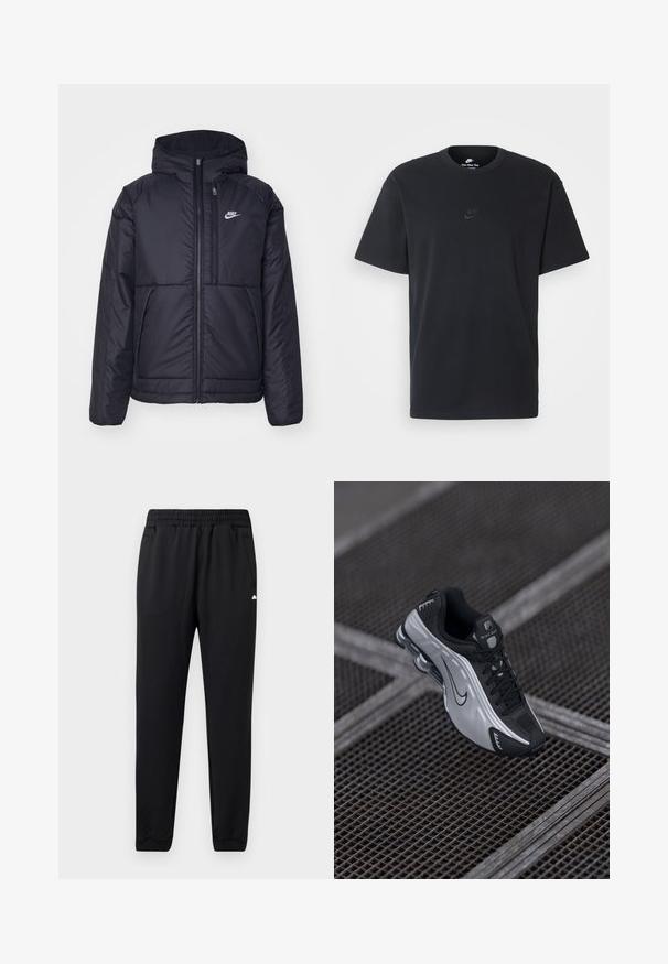 Black, padded Nike jacket with a front zipper and hood. Features a white logo on the left chest and dual front pockets. Smooth exterior texture.; Nike black cotton t-shirt with a classic crew neck, short sleeves, and a subtle, embossed logo on the chest. Smooth texture.; Black athletic pants made of soft fabric, featuring an elastic waistband, two side pockets, and cuffed hems for a fitted look.; Nike athletic shoe featuring a black and silver design. Made of synthetic material with mesh accents and a supportive sole with visible air cushioning.