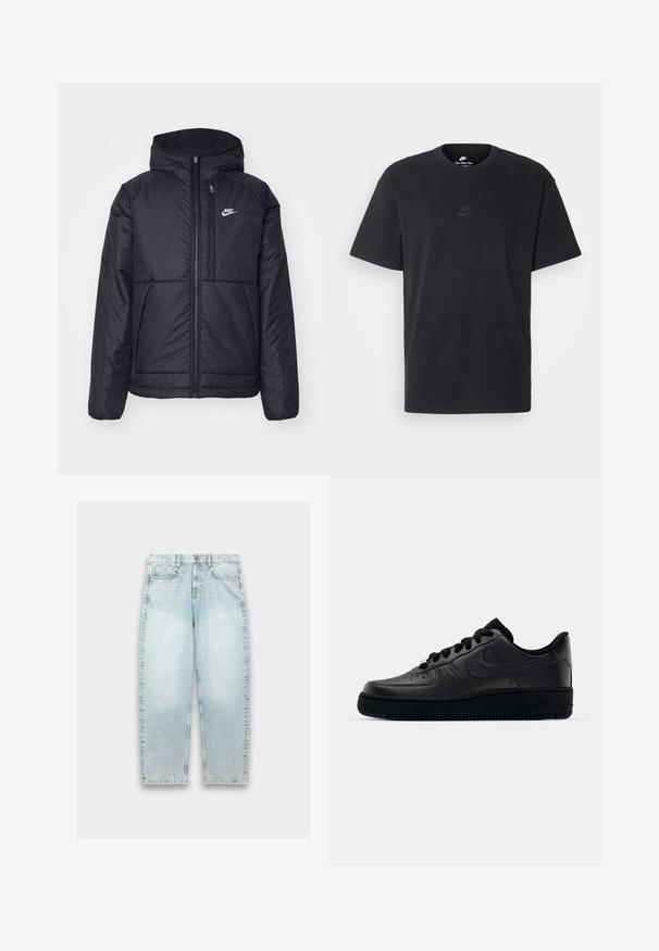 Čierna, polstrovaná bunda Nike so zipsom vpredu a kapucňou. Na ľavej strane hrude sa nachádza biele logo a sú tu dva predné vrecká. Hladký vonkajší povrch.; Čierne bavlnené tričko Nike s klasickým okrúhlym výstrihom, krátkymi rukávmi a jemne embosovaným logom na hrudi. Hladká textúra.; Svetlomodré riflové nohavice s voľným strihom, rovnými nohami, vyblednutou textúrou, dizajnom s piatimi vreckami a kovovým zapínaním na páse.; Čierne tenisky Nike Air Force 1 s hladkým koženým zvrškom, perforovanou špičkou pre priedušnosť, čiernymi šnúrkami a textúrovanou gumovou podrážkou.