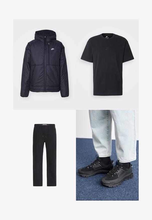 Black, padded Nike jacket with a front zipper and hood. Features a white logo on the left chest and dual front pockets. Smooth exterior texture.; Nike black cotton t-shirt with a classic crew neck, short sleeves, and a subtle, embossed logo on the chest. Smooth texture.; Black, straight-leg pants with an elastic waistband and adjustable drawstring. Made from soft fabric with a smooth texture.; Black athletic shoes with textured fabric and rubber soles, featuring elastic laces and a blue accent on the heel. Worn with light denim pants.