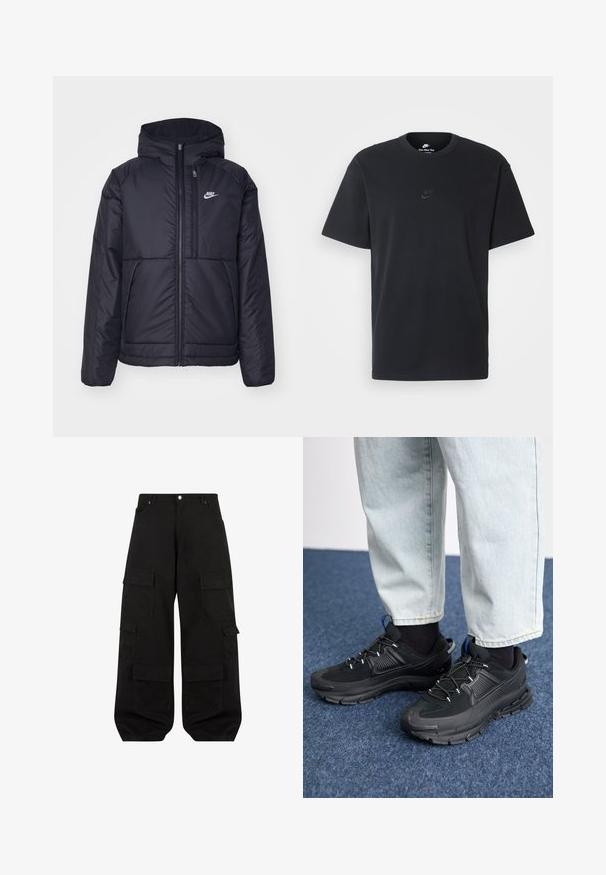 Čierna, polstrovaná bunda Nike so zipsom vpredu a kapucňou. Na ľavej strane hrude sa nachádza biele logo a sú tu dva predné vrecká. Hladký vonkajší povrch.; Čierne bavlnené tričko Nike s klasickým okrúhlym výstrihom, krátkymi rukávmi a jemne embosovaným logom na hrudi. Hladká textúra.; Čierne cargo nohavice vyrobené z odolnej bavlny s voľným strihom. Obsahujú viacero úžitkových vreciek a rovný strih nohavíc.; Čierne športové topánky s textúrovanou tkaninou a gumovou podrážkou, so elastickými šnúrkami a modrým akcentom na päte. Nosia sa s svetlými riflami.