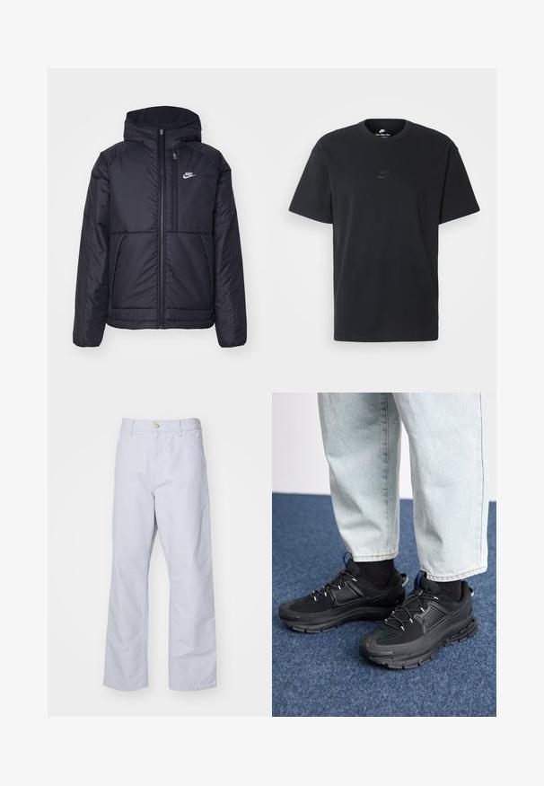 Veste Nike noire rembourrée avec une fermeture éclair sur le devant et une capuche. Elle présente un logo blanc sur la poitrine gauche et deux poches avant. Texture extérieure lisse.; T-shirt en coton noir Nike avec un col rond classique, des manches courtes et un logo embossé subtil sur la poitrine. Texture lisse.; Pantalon droit bleu clair en coton. Comprend une poche frontale, un zip et un seul bouton en métal à la taille.; Des chaussures de sport noires avec un tissu texturé et des semelles en caoutchouc, dotées de lacets élastiques et d'un accent bleu au talon. Portées avec un pantalon en denim clair.