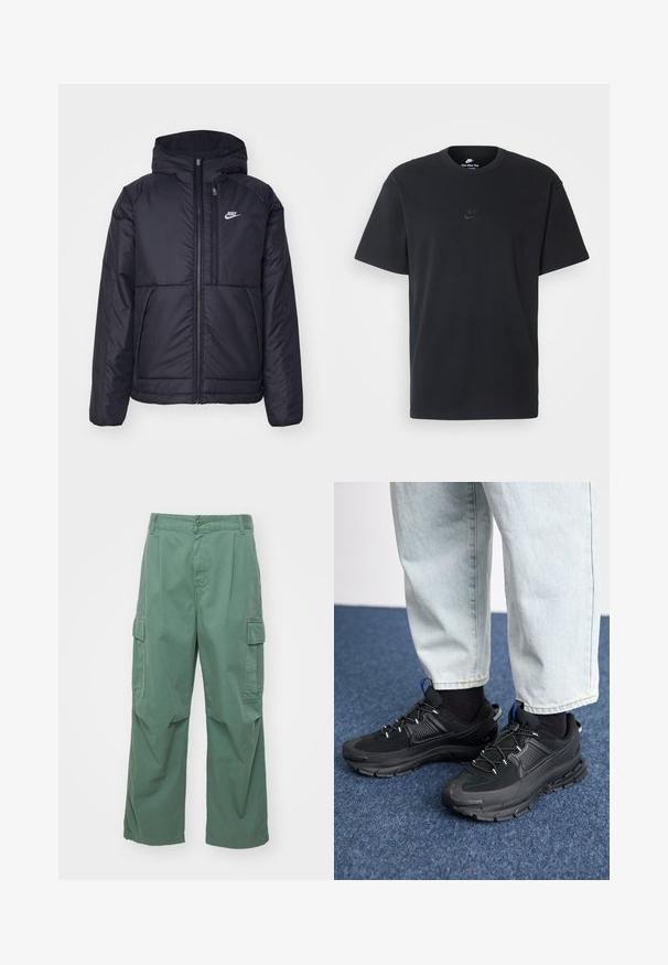 Fekete, párnázott Nike dzseki elülső cipzárral és kapucnival. A bal mellen fehér logó található, valamint két elülső zseb. Simának tűnő külső felület.; Fekete pamut póló Nike márkájú, klasszikus, kerek nyakú, rövid ujjú, és letisztult, dombornyomott logóval a mellkason. Simább textúra.; Zöld vászon nadrág, amely pamutból készült, laza fazonú, széles lábakkal és oldalsó zsebekkel rendelkezik. Az anyag sima textúrájú, minta nélkül.; Fekete sportcipők texturált anyaggal és gumitalppal, elasztikus fűzőkkel és kék kiegészítővel a saroknál. Világos farmernadrággal viselve.