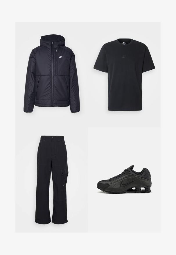 Melna, pufota Nike jaka ar priekšējo rāvējslēdzēju un kapuci. Iezīmēta ar baltu logotipu uz kreisās krūtis un divām priekšējām kabatām. Gluda ārējā tekstūra.; Nike melns kokvilnas T-krekls ar klasisku piegriezumu, īsām piedurknēm un smalku, reljefu logotipu uz krūškurvja. Gluda tekstūra.; Melnas bikses ar iešuvēm, izgatavotas no teksturēta auduma, ar platu kāju dizainu, redzamām šuvēm un sānu kabatu ar pogas aizdari.; Melnas skriešanas ķepas ar gludu sintētisku virsu, perforētiem akcentiem, teksturētām sānu daļām un izteiksmīgu atsperīgu zoli.