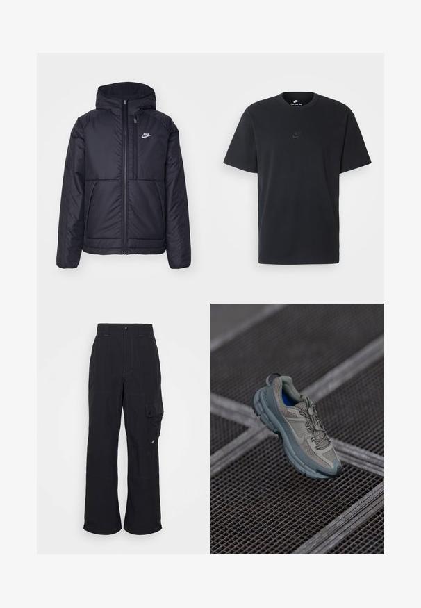 Μαύρο, επενδυμένο μπουφάν Nike με μπροστινό φερμουάρ και κουκούλα. Διαθέτει λευκό λογότυπο στο αριστερό στήθος και διπλές μπροστινές τσέπες. Λείο εξωτερικό υλικό.; Μαύρη βαμβακερή μπλούζα Nike με κλασικό στρογγυλό λαιμό, κοντά μανίκια και μια διακριτική, ανάγλυφη λογότυπο στο στήθος. Λείο ύφασμα.; Μαύρο cargo παντελόνι από υφασμάτινη υφή, με ευρέα σχεδίαση, ορατές ραφές και μια πλευρική τσέπη με κούμπωμα.; Πετρόλ και γκρι αθλητικό παπούτσι με υφασμάτινη επένδυση, στρογγυλή μύτη και καουτσουκέιν σόλα, διαθέτοντας κορδόνια και μαξιλαρωμένη περιφέρεια.