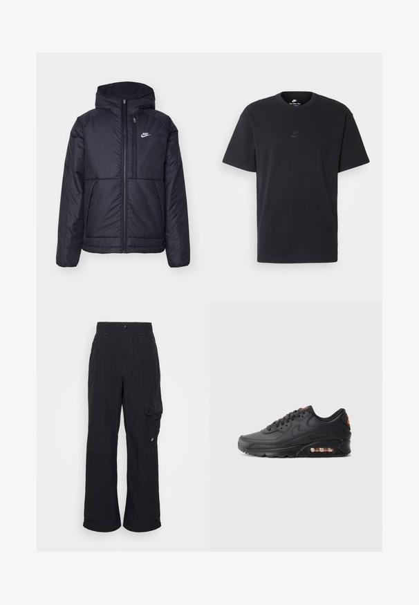 Čierna, polstrovaná bunda Nike so zipsom vpredu a kapucňou. Na ľavej strane hrude sa nachádza biele logo a sú tu dva predné vrecká. Hladký vonkajší povrch.; Čierne bavlnené tričko Nike s klasickým okrúhlym výstrihom, krátkymi rukávmi a jemne embosovaným logom na hrudi. Hladká textúra.; Čierne cargo nohavice vyrobené z texturovanej tkaniny, s voľným strihom, viditeľným šitím a bočnou vreckom so zapínaním na cvok.; Tenisky Nike Air Max 90 s čiernym syntetickým zvrškom, textúrovaným povrchom, šnurovaním vpredu, viditeľnou vzduchovou jednotkou a logom v oranžovom akcentu.