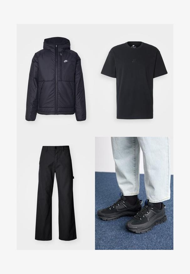 Black, padded Nike jacket with a front zipper and hood. Features a white logo on the left chest and dual front pockets. Smooth exterior texture.; Nike black cotton t-shirt with a classic crew neck, short sleeves, and a subtle, embossed logo on the chest. Smooth texture.; Black, wide-leg trousers made of durable fabric. Features a button closure and side pockets. Smooth texture with a clean design.; Black athletic shoes with textured fabric and rubber soles, featuring elastic laces and a blue accent on the heel. Worn with light denim pants.