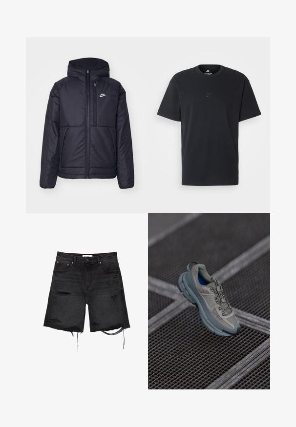 Černá zateplená bunda Nike s předním zipem a kapucí. Na levé straně hrudi má bílé logo a dvojité přední kapsy. Hladký povrch.; Černé bavlněné tričko Nike s klasickým kulatým výstřihem, krátkými rukávy a decentně vyraženým logem na hrudi. Hladký povrch.; PULL&BEAR BERMUDA - Džínové kraťasy - black; Béžová a šedá sportovní bota s texturovaným síťovinovým svrškem, zaoblenou špičkou a gumovou podrážkou, vybavená tkaničkami a polstrovaným límcem.