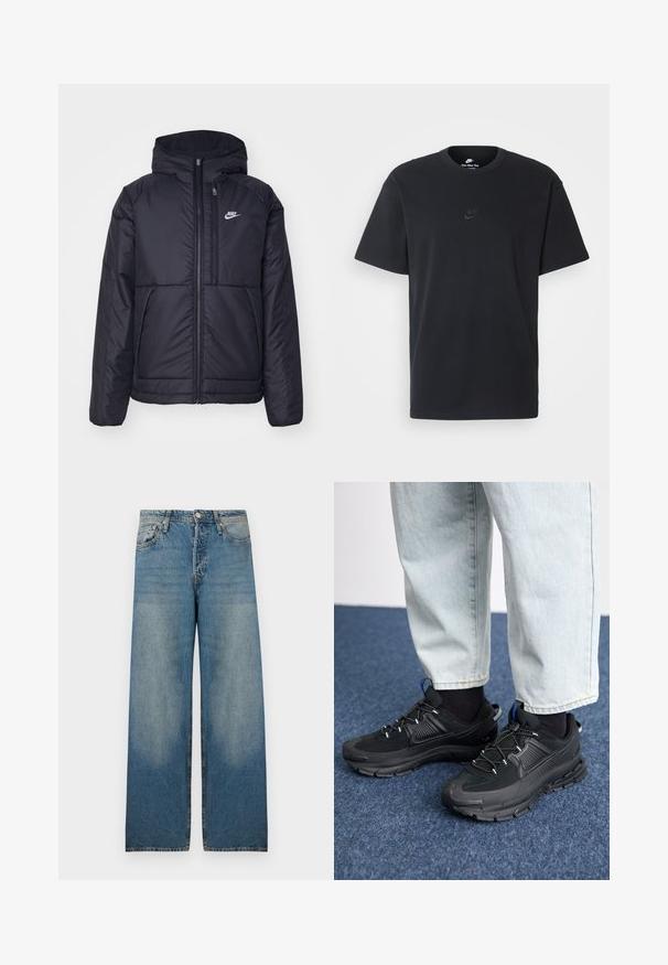 Jachetă Nike neagră, căptușită, cu fermoar pe față și glugă. Prezintă un logo alb pe pieptul stâng și două buzunare frontale. Textură exterioară netedă.; Tricou din bumbac negru Nike, cu guler rotund clasic, mâneci scurte și un logo subtil embosat pe piept. Textură netedă.; Jeans largi de culoare bleu deschis din material denim, cu talie înaltă, design cu cinci buzunare și zone decolorate pentru un aspect vintage.; Pantofi sport negri, cu țesătură texturată și tălpi din cauciuc, având șireturi elastice și un accent albastru pe toc. Purtați cu pantaloni din denim deschis.