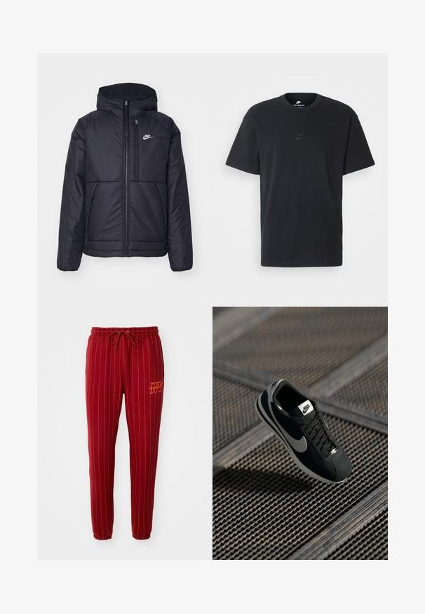 Casaco Nike preto, acolchoado, com fecho à frente e capuz. Apresenta um logo branco no lado esquerdo do peito e dois bolsos frontais. Textura exterior lisa.; T-shirt de algodão preto da Nike com um clássico decote redondo, mangas curtas e um logótipo em relevo discreto no peito. Textura suave.; Calças de treino com riscas vermelhas, cintura elástica e cordão. Apresentam "JUST DO IT" bordado em laranja. Tecido suave com design de perna afunilada.; Sapatilha Nike preta com accents cinzentos, materiais em camurça e rede, sola texturizada, formato estreito e design clássico de atacadores.
