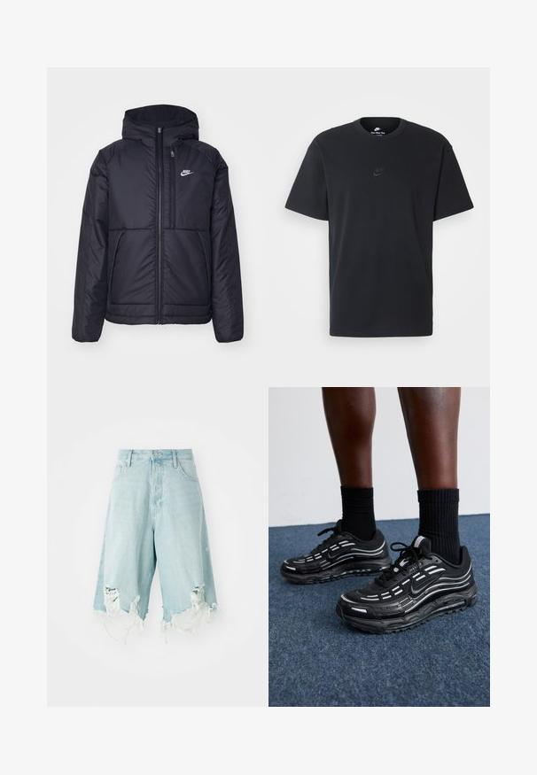 Juodas, paminkštintas Nike džemperis su priekyje užtrauktuku ir gobtuvu. Pasižymi balta logo kairėje krūtinės pusėje ir dviem priekinėmis kišenėmis. Su lygiu išoriniu paviršiumi.; Juodas medvilninis Nike marškinėliai su klasikinėmis apykaklėmis, trumpomis rankovėmis ir subtiliu, įspaustu logotipu ant krūtinės. Sklandus tekstūra.; Šviesiai mėlynos džinsinės šortai su aukštu liemeniu, turintys dėvėtus plotus ir nutrintus kraštus. Su penkiomis kišenėmis ir klasikine mygtuko uždarymo sistema.; Juodi Nike batai turi orui pralaidžią viršutinę dalį su akcento juostelėmis, tekstūruotais raišteliais ir juodu guminio pado. Dėvimi su juodais šonkauliniais sokais.
