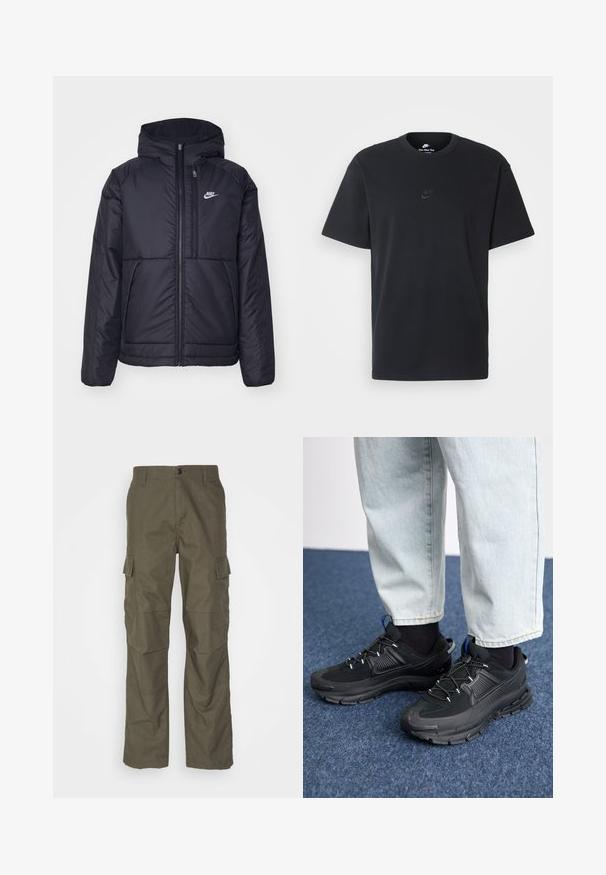 Schwarze, gepolsterte Nike-Jacke mit Frontreißverschluss und Kapuze. Hat ein weißes Logo auf der linken Brust und zwei Fronttaschen. Glattes äußeres Material.; Schwarzes Baumwoll-T-Shirt von Nike mit klassischem Rundhalsausschnitt, kurzen Ärmeln und einem dezenten, geprägten Logo auf der Brust. Glatte Textur.; Olivefarbene Cargo-Hose mit geradem Schnitt, aus strukturiertem Stoff. Verfügt über große Seitentaschen und einen Knopfverschluss.; Schwarze Sportschuhe aus strukturiertem Stoff mit Gummisohlen, ausgestattet mit elastischen Schnürsenkeln und einem blauen Akzent an der Ferse. Getragen mit hellen Jeans.