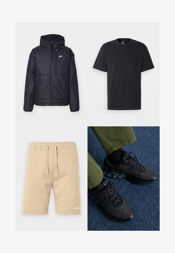 Veste Nike noire rembourrée avec une fermeture éclair sur le devant et une capuche. Elle présente un logo blanc sur la poitrine gauche et deux poches avant. Texture extérieure lisse.; T-shirt en coton noir Nike avec un col rond classique, des manches courtes et un logo embossé subtil sur la poitrine. Texture lisse.; Shorts en coton beige avec une taille élastique, détail à cordon de serrage et un petit logo blanc sur le bas à gauche. Texture lisse.; Baskets de sport noires avec une tige en mesh, surface texturée et coussins d'air visibles. Associées à un pantalon vert olive et des chaussettes noires.