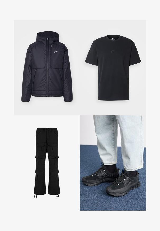 Sort, polstret Nike-jakke med frontlynlås og hætte. Har et hvidt logo på venstre bryst og to frontlommer. Glat ydre tekstur.; Nike sort bomulds t-shirt med en klassisk rund hals, korte ærmer og et diskret, præget logo på brystet. Glat tekstur.; Sorte cargo-bukser lavet af denim, med flere lommer, et bredt ben-design og justerbare snore ved kanten.; Sorte træningssko med tekstureret stof og gummisåler, udstyret med elastiske snørebånd og en blå detalje på hælen. Bæres med lyse denimbukser.