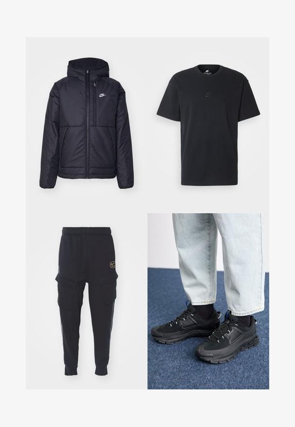 Czarna, pikowana kurtka Nike z przednim zamkiem błyskawicznym i kapturem. Posiada białe logo po lewej stronie klatki piersiowej oraz podwójne kieszenie z przodu. Gładka struktura zewnętrzna.; Czarny bawełniany t-shirt Nike z klasycznym okrągłym dekoltem, krótkimi rękawami oraz subtelnym, wytłoczonym logo na piersi. Gładka tekstura.; Czarne spodnie dresowe z elastycznym pasem, bocznymi kieszeniami cargo, białymi paskami po bokach i złotym logo Nike Air z przodu. Miękka tekstura, dopasowany krój.; Czarne buty sportowe z teksturowanej tkaniny i gumowymi podeszwami, z elastycznymi sznurówkami i niebieskim akcentem na pięcie. Noszone z jasnymi dżinsami.