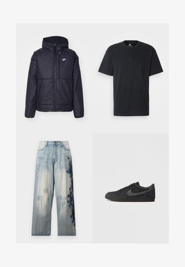 Μαύρο, επενδυμένο μπουφάν Nike με μπροστινό φερμουάρ και κουκούλα. Διαθέτει λευκό λογότυπο στο αριστερό στήθος και διπλές μπροστινές τσέπες. Λείο εξωτερικό υλικό.; Μαύρη βαμβακερή μπλούζα Nike με κλασικό στρογγυλό λαιμό, κοντά μανίκια και μια διακριτική, ανάγλυφη λογότυπο στο στήθος. Λείο ύφασμα.; Ανοιχτό γαλάζιο τζιν παντελόνι με φαρδιά γραμμή, που διαθέτει φθαρμένο σχέδιο και αφηρημένα μαύρα και μπλε μοτίβα στη μία πλευρά. Κλασικό στυλ πέντε τσεπών.; Μαύρα σουέτ αθλητικά παπούτσια με χαμηλό προφίλ, καουτσούκ σόλα, υφή στα πλαϊνά πάνελ και τονικό λογότυπο Nike swoosh. Μπροστινός κορδονάτος σχεδιασμός, μαξιλαρωμένος λαιμός.