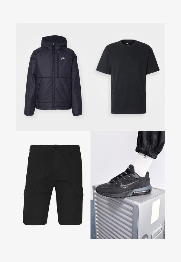 Czarna, pikowana kurtka Nike z przednim zamkiem błyskawicznym i kapturem. Posiada białe logo po lewej stronie klatki piersiowej oraz podwójne kieszenie z przodu. Gładka struktura zewnętrzna.; Czarny bawełniany t-shirt Nike z klasycznym okrągłym dekoltem, krótkimi rękawami oraz subtelnym, wytłoczonym logo na piersi. Gładka tekstura.; Czarne szorty cargo o prostym kroju, z dwoma bocznymi kieszeniami, kontrastowym przeszyciem i zapięciem na guzik w pasie.; Nike Sportswear PULSE czarny