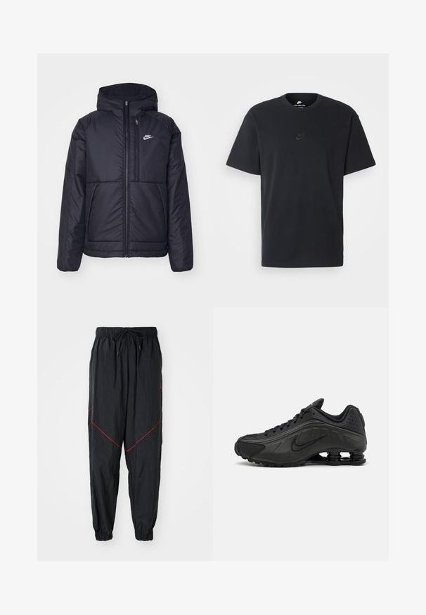 Casaco Nike preto, acolchoado, com fecho à frente e capuz. Apresenta um logo branco no lado esquerdo do peito e dois bolsos frontais. Textura exterior lisa.; T-shirt de algodão preto da Nike com um clássico decote redondo, mangas curtas e um logótipo em relevo discreto no peito. Textura suave.; Calças de jogging pretas feitas de tecido leve, com costuras em destaque vermelhas, cintura elástica com cordão e punhos elásticos.; Ténis de corrida pretos com um upper sintético suave, acentos perfurados, painéis laterais texturizados e uma sola distinta e elástica.