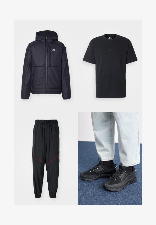 Černá zateplená bunda Nike s předním zipem a kapucí. Na levé straně hrudi má bílé logo a dvojité přední kapsy. Hladký povrch.; Černé bavlněné tričko Nike s klasickým kulatým výstřihem, krátkými rukávy a decentně vyraženým logem na hrudi. Hladký povrch.; Černé joggingové kalhoty vyrobené z lehké látky s červeným dekorativním prošitím, elastickým pasem se stahovací šňůrkou a elastickými manžetami.; Černé sportovní boty s texturovanou tkaninou a gumovou podrážkou, s elastickými tkaničkami a modrým akcentem na patě. Nosí se s světlými džíny.