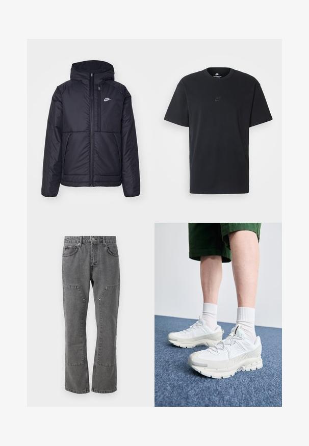 Fekete, párnázott Nike dzseki elülső cipzárral és kapucnival. A bal mellen fehér logó található, valamint két elülső zseb. Simának tűnő külső felület.; Fekete pamut póló Nike márkájú, klasszikus, kerek nyakú, rövid ujjú, és letisztult, dombornyomott logóval a mellkason. Simább textúra.; Szürke farmernadrág egyenes szárú fazonnal, elülső zsebekkel, gombos részletekkel a szárakon és tiszta, nem koptatott textúrával.; Fehér sportcipők texturált burkolattal, vastag talppal és szürke részletekkel. Fehér sportzoknival és zöld rövidnadrággal viselve, kék felületen.