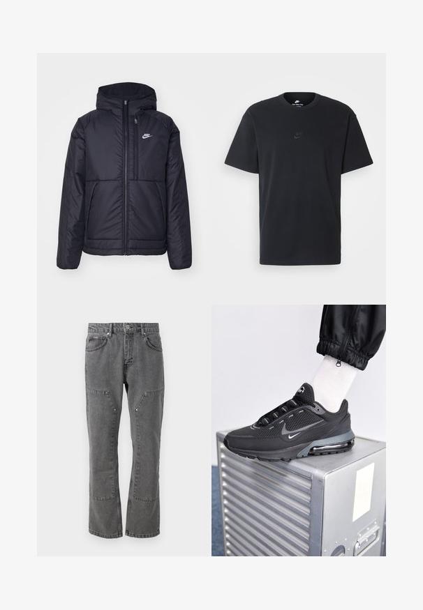 Giacca Nike nera, imbottita, con zip frontale e cappuccio. Presenta un logo bianco sul lato sinistro del petto e doppie tasche frontali. Texture esterna liscia.; T-shirt in cotone nero della Nike con collo rotondo classico, maniche corte e un logo in rilievo discreto sul petto. Texture liscia.; Jeans in denim grigio con design a gamba dritta, dotati di tasche anteriori, dettagli a pressione sulle gambe e una texture pulita, non rovinata.; Nike Sportswear PULSE - Sneakers basse - black/anthracite