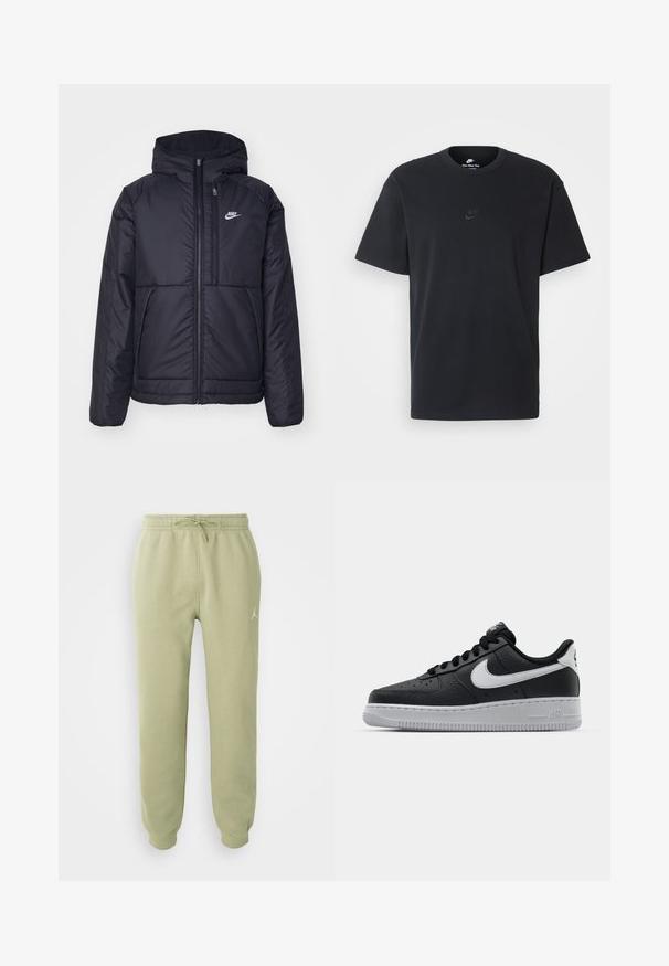 Casaco Nike preto, acolchoado, com fecho à frente e capuz. Apresenta um logo branco no lado esquerdo do peito e dois bolsos frontais. Textura exterior lisa.; T-shirt de algodão preto da Nike com um clássico decote redondo, mangas curtas e um logótipo em relevo discreto no peito. Textura suave.; Calças de jogging verde-claro com cintura elástica, cordão, pernas ajustadas e pequeno logótipo Jumpman na coxa direita.; Sapatilha de pele preta com superfície texturizada, swoosh branco da Nike, sola cinza, bico redondo e design com atacadores. Apresenta perfurações na caixa dos dedos.