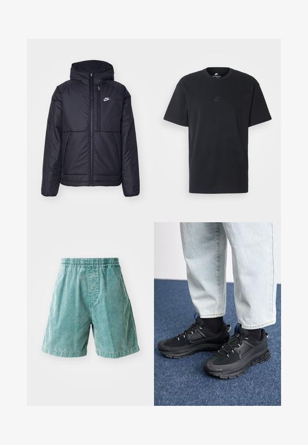 Black, padded Nike jacket with a front zipper and hood. Features a white logo on the left chest and dual front pockets. Smooth exterior texture.; Nike black cotton t-shirt with a classic crew neck, short sleeves, and a subtle, embossed logo on the chest. Smooth texture.; Turquoise corduroy shorts with an elastic waistband, featuring side pockets and a straight cut. Textured fabric with visible ridges.; Black athletic shoes with textured fabric and rubber soles, featuring elastic laces and a blue accent on the heel. Worn with light denim pants.