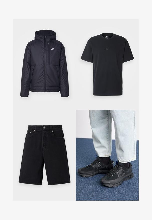 Giacca Nike nera, imbottita, con zip frontale e cappuccio. Presenta un logo bianco sul lato sinistro del petto e doppie tasche frontali. Texture esterna liscia.; T-shirt in cotone nero della Nike con collo rotondo classico, maniche corte e un logo in rilievo discreto sul petto. Texture liscia.; Shorts in denim nero con taglio dritto. Le caratteristiche includono una patta con zip, cinque tasche, accessori in argento e una finitura testurizzata sottile.; Scarpe sportive nere con tessuto testurizzato e suole in gomma, dotate di lacci elastici e un accento blu sul tallone. Indossate con pantaloni in denim chiaro.