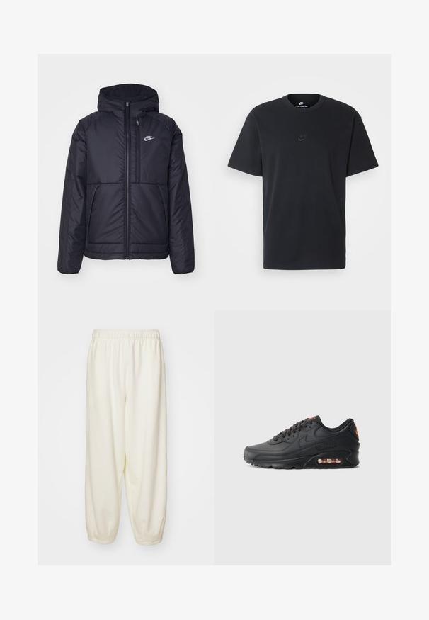 Melna, pufota Nike jaka ar priekšējo rāvējslēdzēju un kapuci. Iezīmēta ar baltu logotipu uz kreisās krūtis un divām priekšējām kabatām. Gluda ārējā tekstūra.; Nike melns kokvilnas T-krekls ar klasisku piegriezumu, īsām piedurknēm un smalku, reljefu logotipu uz krūškurvja. Gluda tekstūra.; Krēmkrāsas sporta bikses, kas izgatavotas no mīksta auduma, ar elastīgu jostu un sašaurinātiem piedurkņu galiem, ar brīvu piegriezumu un bez redzamām rakstām.; Nike Air Max 90 šķiņķi ar melnu sintētisku augšdaļu, teksturētu apdari, šņorējamu priekšpusi, redzamu gaisa vienību un oranžu akcentu logotipu.