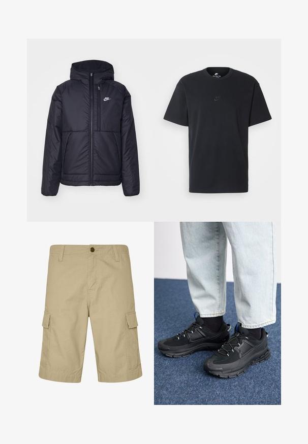 Black, padded Nike jacket with a front zipper and hood. Features a white logo on the left chest and dual front pockets. Smooth exterior texture.; Nike black cotton t-shirt with a classic crew neck, short sleeves, and a subtle, embossed logo on the chest. Smooth texture.; Beige cargo shorts made of lightweight fabric, featuring a flat front, side pockets, and textured pattern, designed for casual wear.; Black athletic shoes with textured fabric and rubber soles, featuring elastic laces and a blue accent on the heel. Worn with light denim pants.