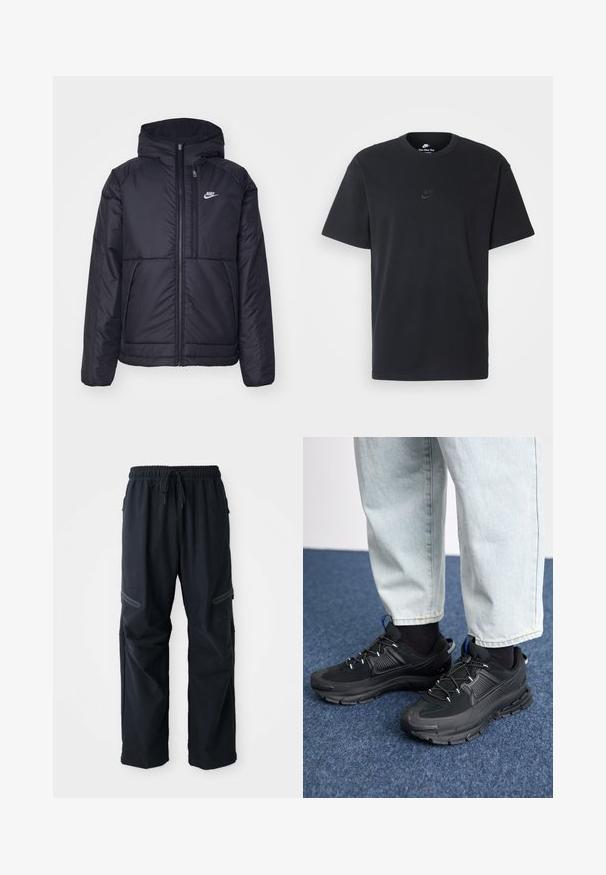 Czarna, pikowana kurtka Nike z przednim zamkiem błyskawicznym i kapturem. Posiada białe logo po lewej stronie klatki piersiowej oraz podwójne kieszenie z przodu. Gładka struktura zewnętrzna.; Czarny bawełniany t-shirt Nike z klasycznym okrągłym dekoltem, krótkimi rękawami oraz subtelnym, wytłoczonym logo na piersi. Gładka tekstura.; Czarne casualowe spodnie z elastycznym pasem, sznurkiem i kieszeniami na zamek na białym tle.; Czarne buty sportowe z teksturowanej tkaniny i gumowymi podeszwami, z elastycznymi sznurówkami i niebieskim akcentem na pięcie. Noszone z jasnymi dżinsami.