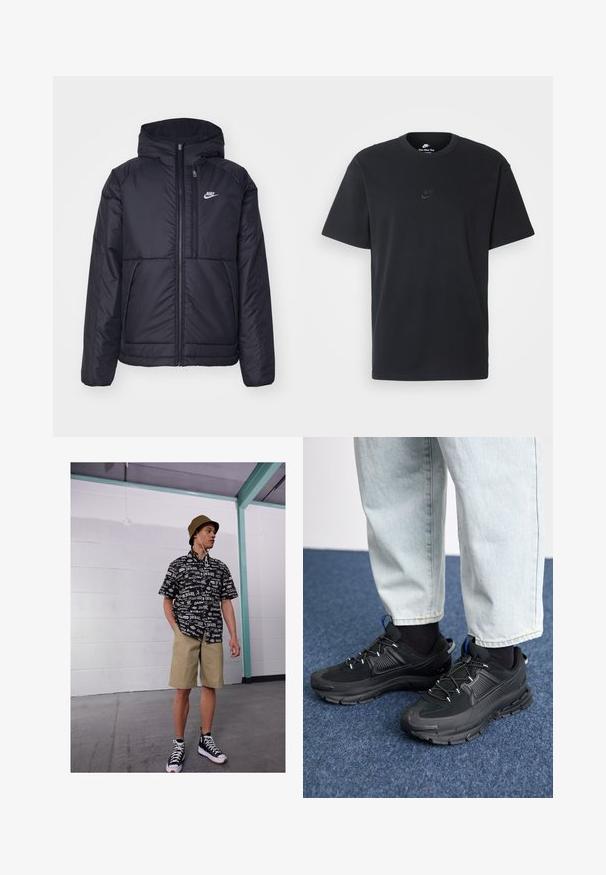 Zwarte, gewatteerde Nike-jas met een voorkant met ritssluiting en capuchon. Kenmerkt zich door een wit logo op de linkerborst en dubbele frontzakken. Gladde buitenkant.; Zwarte katoenen t-shirt van Nike met een klassieke ronde hals, korte mouwen en een subtiele, reliëflogo op de borst. Gladde textuur.; Zwart-witte shirt met korte mouwen met logo patroon, kaki korte broek en zwarte high-top sneakers. Beige bucket hat en snoeren zichtbaar.; Zwarte sportschoenen met gestructureerde stof en rubberen zolen, met elastische veters en een blauwe accent op de hiel. Draag samen met lichte spijkerbroeken.