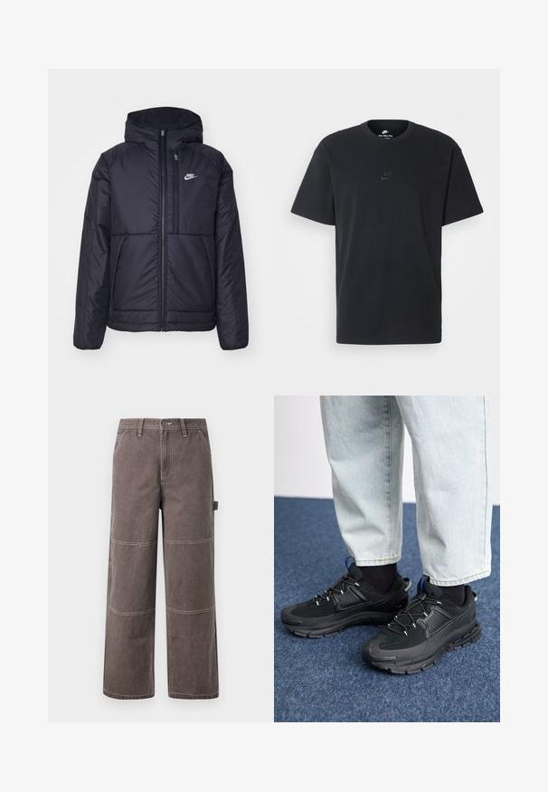 Črna, podložena Nike jakna z sprednjim zadrgo in kapuco. Ima bel logo na levem prsnem delu in dvojna sprednja žepa. Gladka zunanja tekstura.; Nike črna bombažna majica z klasičnim okroglim izrezom, kratkimi rokavi in subtilnim, vtisnjenim logotipom na prsih. Gladka tekstura.; Široke hlače v bledo rjavi barvi, izdelane iz trpežnega materiala z kontrastnim šivanjem. Imajo detajle na panelih in stransko žep.; Črne športne čevlje z teksturirano tkanino in gumijastimi podplati, ki imajo elastične vezalke ter modre poudarke na peti. Nosi se z lahkimi denim hlačami.