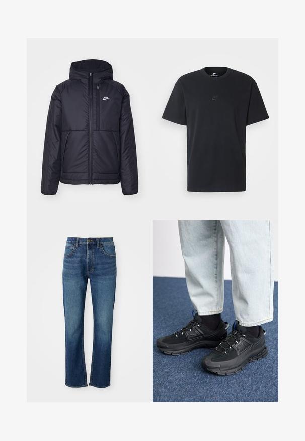 Czarna, pikowana kurtka Nike z przednim zamkiem błyskawicznym i kapturem. Posiada białe logo po lewej stronie klatki piersiowej oraz podwójne kieszenie z przodu. Gładka struktura zewnętrzna.; Czarny bawełniany t-shirt Nike z klasycznym okrągłym dekoltem, krótkimi rękawami oraz subtelnym, wytłoczonym logo na piersi. Gładka tekstura.; Niebieskie dżinsy z prostymi nogawkami, z pięcioma kieszeniami, zapięciem na guzik i kontrastowymi żółtymi przeszyciami. Gładka faktura.; Czarne buty sportowe z teksturowanej tkaniny i gumowymi podeszwami, z elastycznymi sznurówkami i niebieskim akcentem na pięcie. Noszone z jasnymi dżinsami.