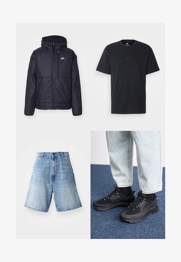 Černá zateplená bunda Nike s předním zipem a kapucí. Na levé straně hrudi má bílé logo a dvojité přední kapsy. Hladký povrch.; Černé bavlněné tričko Nike s klasickým kulatým výstřihem, krátkými rukávy a decentně vyraženým logem na hrudi. Hladký povrch.; Světle modré džíny šortky s uvolněným střihem, vysokým pasem, pět pocket designem a viditelnými švy.; Černé sportovní boty s texturovanou tkaninou a gumovou podrážkou, s elastickými tkaničkami a modrým akcentem na patě. Nosí se s světlými džíny.