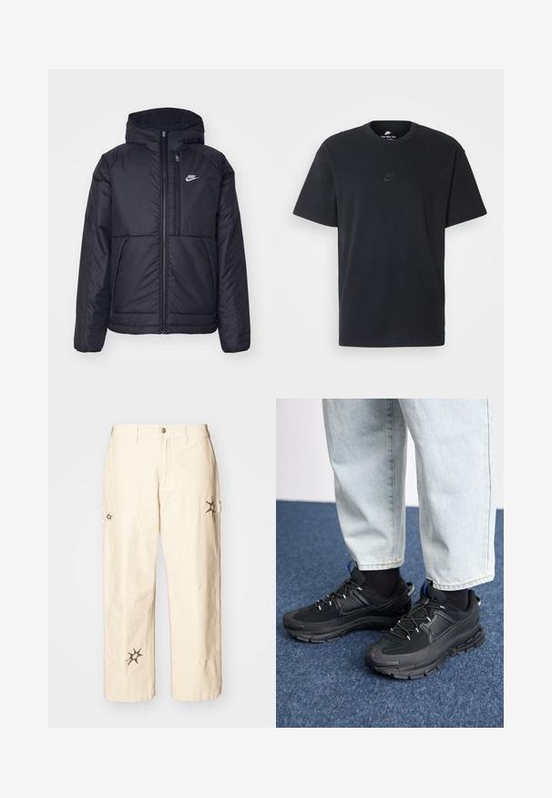 Melna, pufota Nike jaka ar priekšējo rāvējslēdzēju un kapuci. Iezīmēta ar baltu logotipu uz kreisās krūtis un divām priekšējām kabatām. Gluda ārējā tekstūra.; Nike melns kokvilnas T-krekls ar klasisku piegriezumu, īsām piedurknēm un smalku, reljefu logotipu uz krūškurvja. Gluda tekstūra.; Obey Clothing BIG TIMER CARPENTER - Armijas stila bikses - clay; Melni sporta apavi ar strukturētu audumu un gumijas zoli, ar elastīgām auklām un zilu akcentu uz papēža. Nēsāti ar gaišām džinsu biksēm.