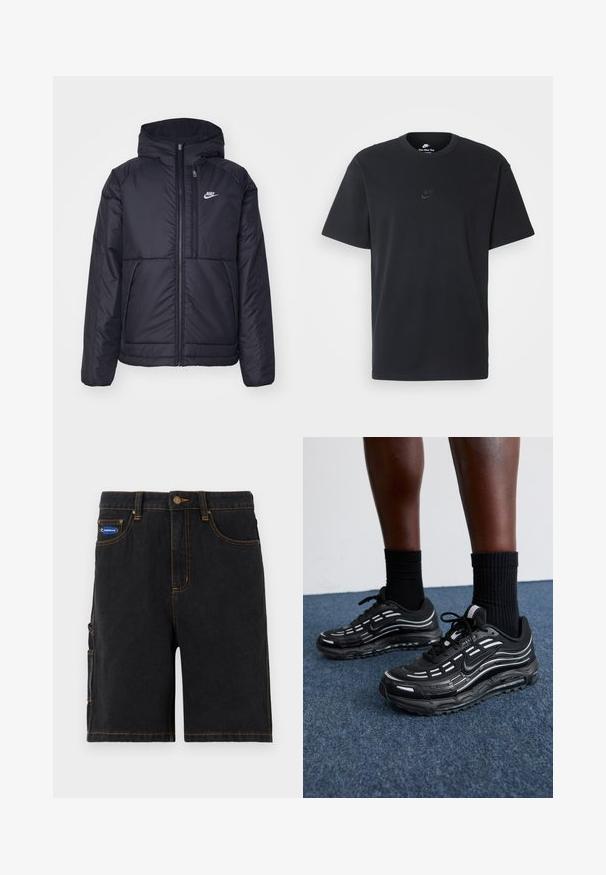 Svart, polstret Nike-jakke med frontglidelås og hette. Har en hvit logo på venstre bryst og doble frontlommer. Glatt ytterside.; Nike svart bomull T-skjorte med klassisk rund hals, korte ermer, og en subtil, preget logo på brystet. Glatt tekstur.; Sorte denimshorts med frontlommer, en sidelomme i cargo-stil og oransje søm. Har en metallknapplukking og et merke-patch.; Sorte Nike-sko har en mesh-overdel med aksentstriper, teksturert snøring og en svart gummisåle. Brukt med svarte ribbede sokker.