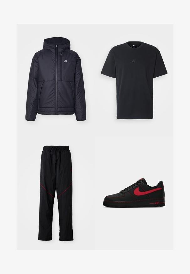 Casaco Nike preto, acolchoado, com fecho à frente e capuz. Apresenta um logo branco no lado esquerdo do peito e dois bolsos frontais. Textura exterior lisa.; T-shirt de algodão preto da Nike com um clássico decote redondo, mangas curtas e um logótipo em relevo discreto no peito. Textura suave.; Calças atléticas pretas com um acabamento texturizado, apresentando uma cintura com cordão, linhas de destaque vermelhas e um corte solto.; Sapatilhas Nike Air Force 1 em couro preto com detalhes em vermelho, apresentando uma textura suave, biqueira perfurada e pespontos em vermelho contrastantes.