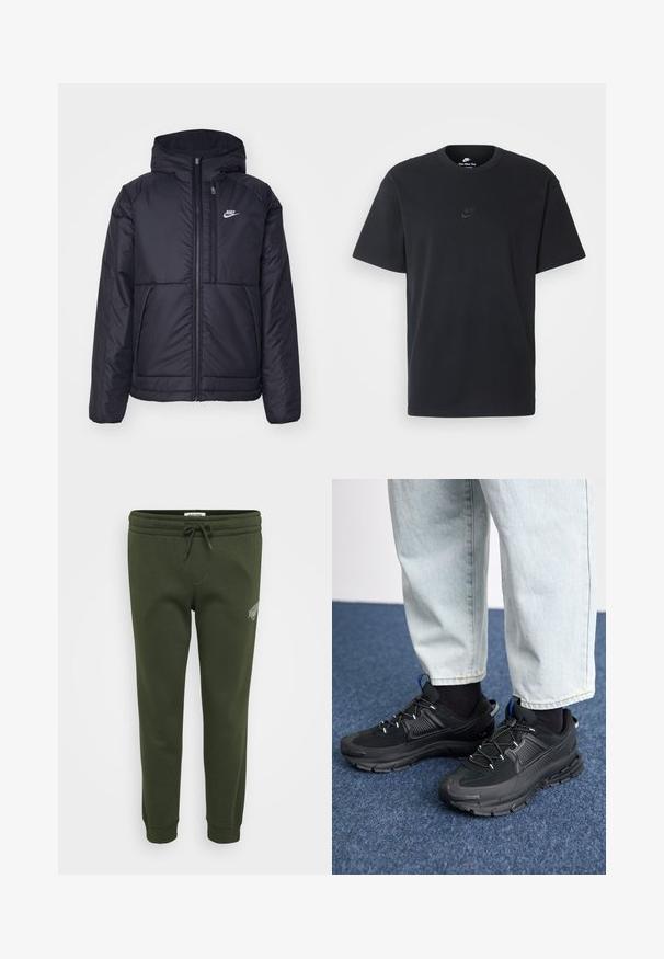 Jachetă Nike neagră, căptușită, cu fermoar pe față și glugă. Prezintă un logo alb pe pieptul stâng și două buzunare frontale. Textură exterioară netedă.; Tricou din bumbac negru Nike, cu guler rotund clasic, mâneci scurte și un logo subtil embosat pe piept. Textură netedă.; Pantaloni de trening verde măslinie dintr-un amestec moale de bumbac, cu o talie elastică prevăzută cu șnur și manșete curbate la glezne.; Pantofi sport negri, cu țesătură texturată și tălpi din cauciuc, având șireturi elastice și un accent albastru pe toc. Purtați cu pantaloni din denim deschis.