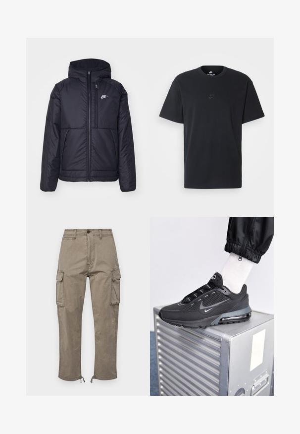Zwarte, gewatteerde Nike-jas met een voorkant met ritssluiting en capuchon. Kenmerkt zich door een wit logo op de linkerborst en dubbele frontzakken. Gladde buitenkant.; Zwarte katoenen t-shirt van Nike met een klassieke ronde hals, korte mouwen en een subtiele, reliëflogo op de borst. Gladde textuur.; Cargo pants in een gedempt taupe kleur, gemaakt van katoen, zijn voorzien van zijzakken, een rechte snit en verstelbare zoom met trekkoorden.; Nike Sportswear PULSE - Sneakers laag - black/anthracite
