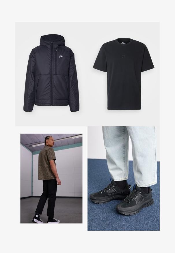 Black, padded Nike jacket with a front zipper and hood. Features a white logo on the left chest and dual front pockets. Smooth exterior texture.; Nike black cotton t-shirt with a classic crew neck, short sleeves, and a subtle, embossed logo on the chest. Smooth texture.; Short-sleeve leopard print shirt in tan and black, paired with black pants and black high-top sneakers with white accents.; Black athletic shoes with textured fabric and rubber soles, featuring elastic laces and a blue accent on the heel. Worn with light denim pants.