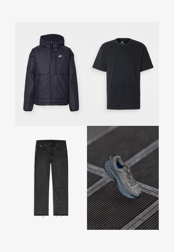 Μαύρο, επενδυμένο μπουφάν Nike με μπροστινό φερμουάρ και κουκούλα. Διαθέτει λευκό λογότυπο στο αριστερό στήθος και διπλές μπροστινές τσέπες. Λείο εξωτερικό υλικό.; Μαύρη βαμβακερή μπλούζα Nike με κλασικό στρογγυλό λαιμό, κοντά μανίκια και μια διακριτική, ανάγλυφη λογότυπο στο στήθος. Λείο ύφασμα.; Μαύρα τζιν παντελόνια με ίσια γραμμή, που διαθέτουν φθαρμένο στρίφωμα, πέντε τσέπες και λεπτομέρειες αντίθετης ραφής.; Πετρόλ και γκρι αθλητικό παπούτσι με υφασμάτινη επένδυση, στρογγυλή μύτη και καουτσουκέιν σόλα, διαθέτοντας κορδόνια και μαξιλαρωμένη περιφέρεια.