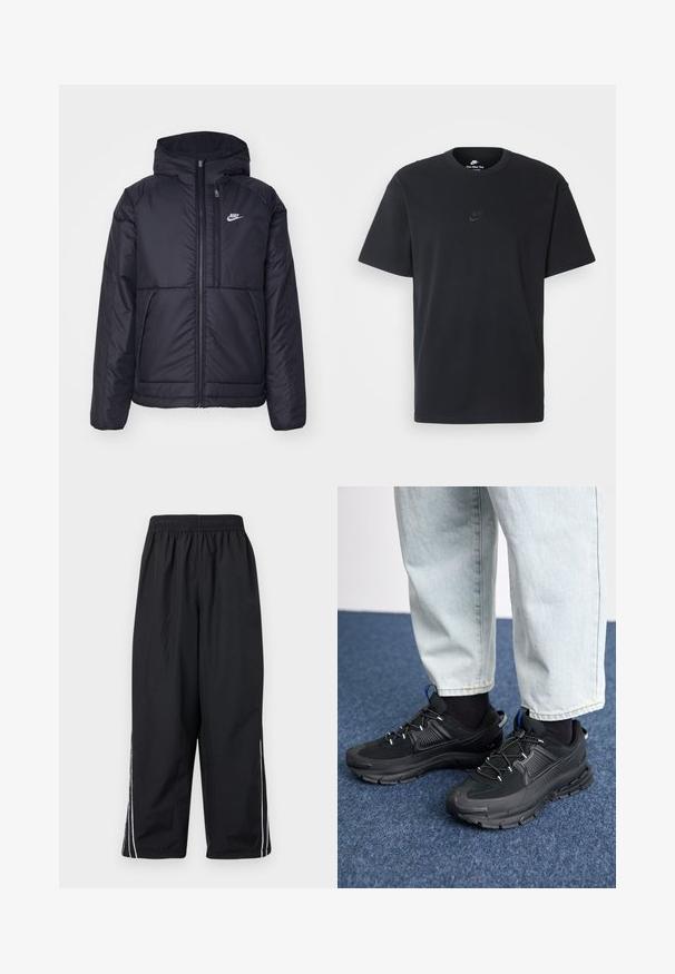 Melna, pufota Nike jaka ar priekšējo rāvējslēdzēju un kapuci. Iezīmēta ar baltu logotipu uz kreisās krūtis un divām priekšējām kabatām. Gluda ārējā tekstūra.; Nike melns kokvilnas T-krekls ar klasisku piegriezumu, īsām piedurknēm un smalku, reljefu logotipu uz krūškurvja. Gluda tekstūra.; Melnas, vieglas bikses no neilona ar elastīgu jostasvietu, ar baltām sānu svītrām un brīvu, īsu piegriezumu.; Melni sporta apavi ar strukturētu audumu un gumijas zoli, ar elastīgām auklām un zilu akcentu uz papēža. Nēsāti ar gaišām džinsu biksēm.
