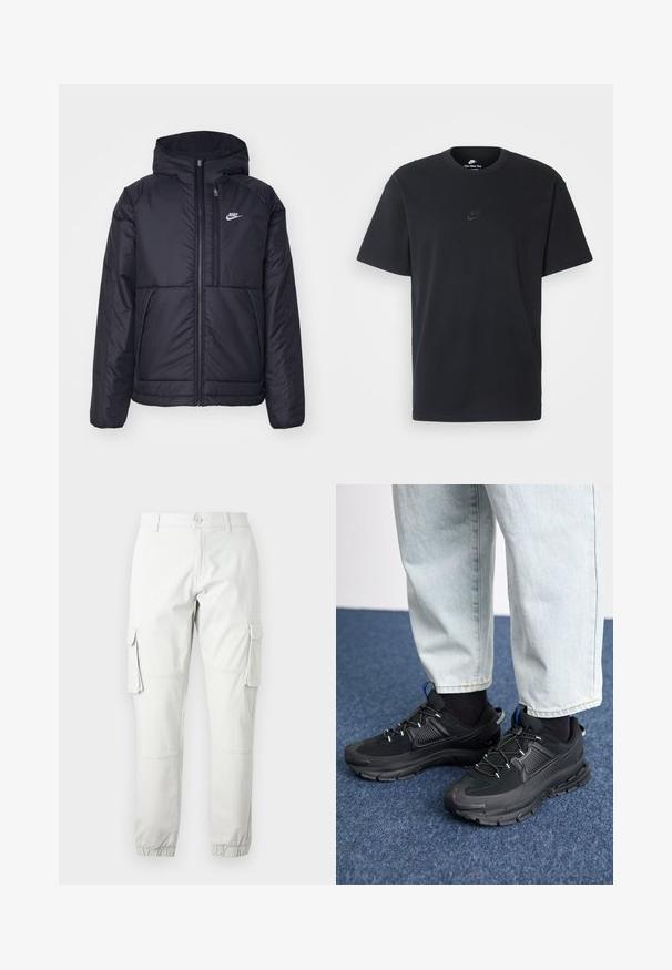 Juodas, paminkštintas Nike džemperis su priekyje užtrauktuku ir gobtuvu. Pasižymi balta logo kairėje krūtinės pusėje ir dviem priekinėmis kišenėmis. Su lygiu išoriniu paviršiumi.; Juodas medvilninis Nike marškinėliai su klasikinėmis apykaklėmis, trumpomis rankovėmis ir subtiliu, įspaustu logotipu ant krūtinės. Sklandus tekstūra.; Šviesiai pilkos krovinių kelnės su šoninėmis kišenėmis, elastingais kulkšnies kraštais ir mygtuko uždarymu. Pagamintos iš tvirtos medžiagos su lygiu paviršiumi.; Juodi sportiniai bateliai su tekstūruota medžiaga ir guminiais padais, su elastingomis raišteliais ir mėlynu akcentu ant kulno. Dėvimi su šviesiai mėlynomis džinsinėmis kelnėmis.
