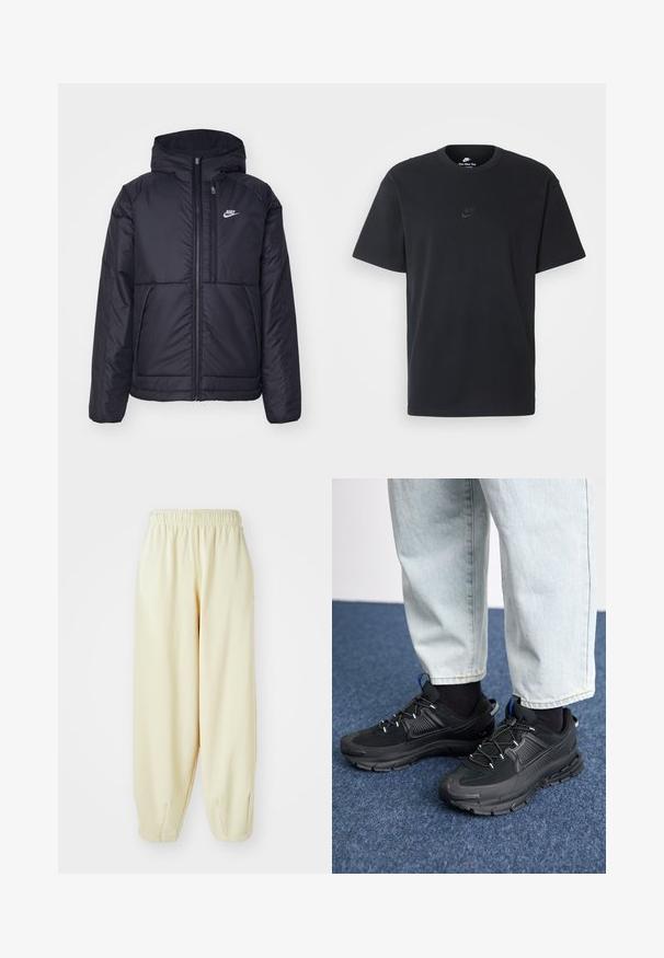 Melna, pufota Nike jaka ar priekšējo rāvējslēdzēju un kapuci. Iezīmēta ar baltu logotipu uz kreisās krūtis un divām priekšējām kabatām. Gluda ārējā tekstūra.; Nike melns kokvilnas T-krekls ar klasisku piegriezumu, īsām piedurknēm un smalku, reljefu logotipu uz krūškurvja. Gluda tekstūra.; Krēmkrāsas sporta bikses ar elastīgu jostu, sašaurinātiem kāju galiem un brīvu piegriezumu. Izgatavotas no maigas, vieglas auduma.; Melni sporta apavi ar strukturētu audumu un gumijas zoli, ar elastīgām auklām un zilu akcentu uz papēža. Nēsāti ar gaišām džinsu biksēm.