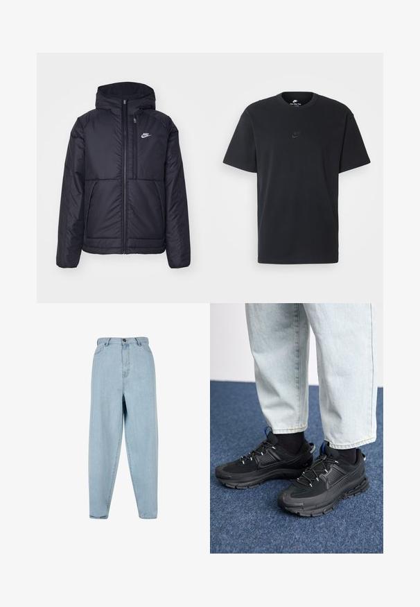 Černá zateplená bunda Nike s předním zipem a kapucí. Na levé straně hrudi má bílé logo a dvojité přední kapsy. Hladký povrch.; Černé bavlněné tričko Nike s klasickým kulatým výstřihem, krátkými rukávy a decentně vyraženým logem na hrudi. Hladký povrch.; Světlé modré džíny s vysokým pasem a volným střihem. Obsahují přední knoflík, zip a design s pěti kapsami. Materiál je mírně vybledlý.; Černé sportovní boty s texturovanou tkaninou a gumovou podrážkou, s elastickými tkaničkami a modrým akcentem na patě. Nosí se s světlými džíny.