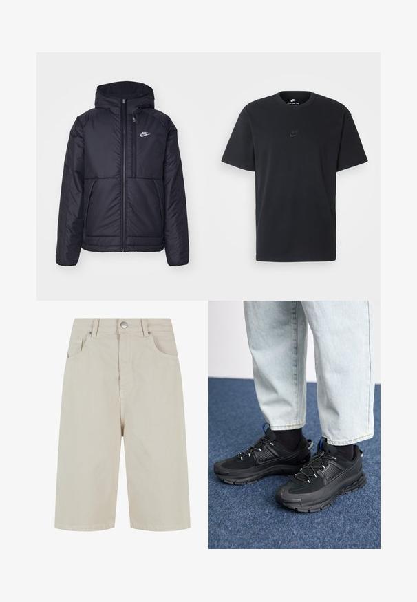 Schwarze, gepolsterte Nike-Jacke mit Frontreißverschluss und Kapuze. Hat ein weißes Logo auf der linken Brust und zwei Fronttaschen. Glattes äußeres Material.; Schwarzes Baumwoll-T-Shirt von Nike mit klassischem Rundhalsausschnitt, kurzen Ärmeln und einem dezenten, geprägten Logo auf der Brust. Glatte Textur.; Beige Denimshorts mit geradem Schnitt, einer Knopfverschluss vorne und vier Taschen. Der Stoff hat eine glatte Textur und minimale Nähdetails.; Schwarze Sportschuhe aus strukturiertem Stoff mit Gummisohlen, ausgestattet mit elastischen Schnürsenkeln und einem blauen Akzent an der Ferse. Getragen mit hellen Jeans.