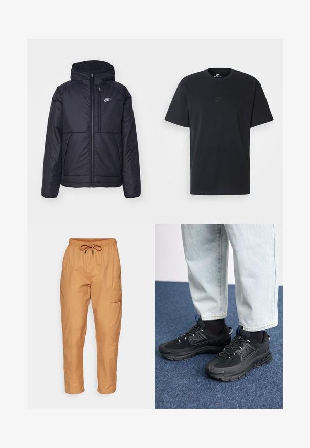 Chaqueta acolchada negra de Nike con cremallera frontal y capucha. Presenta un logo blanco en el lado izquierdo del pecho y dos bolsillos frontales. Textura exterior suave.; Camiseta negra de algodón de Nike con un clásico cuello redondo, mangas cortas y un sutil logo en relieve en el pecho. Textura suave.; Pantalones cargo color arena hechos de una tela ligera, con una cinturilla elástica con cordón y detalle de bolsillos laterales. Textura suave, corte relajado.; Zapatillas deportivas negras con tejido texturizado y suelas de goma, con cordones elásticos y un acento azul en el talón. Combinadas con pantalones de mezclilla claros.